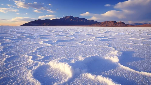 Salt flat landscape under clear blue alpine sky.