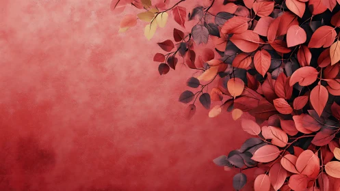 Crimson leaf cascade drifting over soft textured horizon.