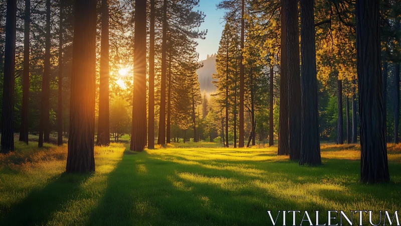 Forest clearing at sunrise with tall conifers and morning light