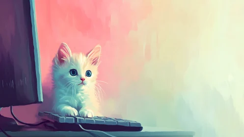 Small white kitten on computer keyboard, digital artwork.