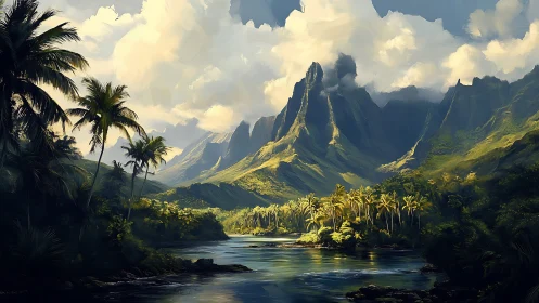 Tropical Valley with Dramatic Peaks and Lush Palms.