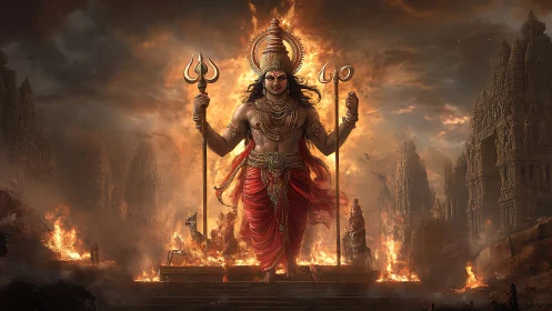 Hindu warrior deity strides through burning ancient temples.