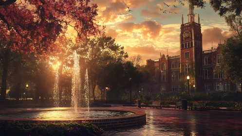 Golden evening fountain welcomes quiet moments on campus
