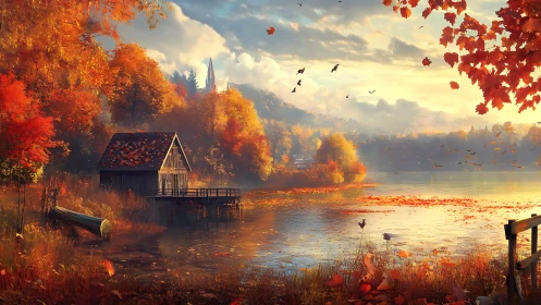 Autumnal lakeside cabin under stratified golden illumination.