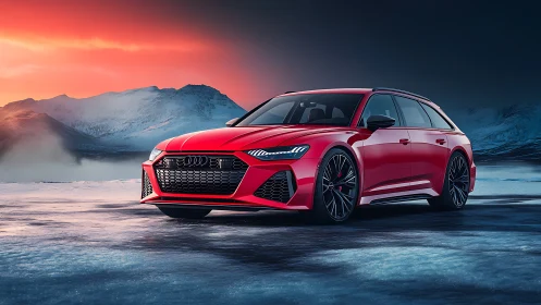 Photorealistic red sport wagon in cinematic arctic sunset scene.