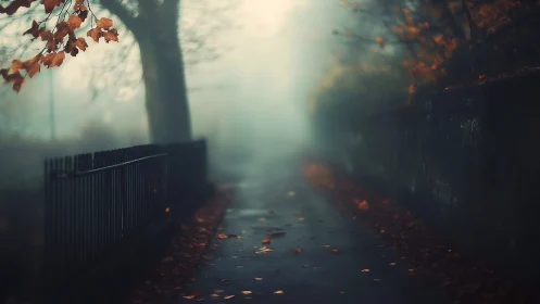 Foggy autumn pathway with wet pavement and fallen leaves.