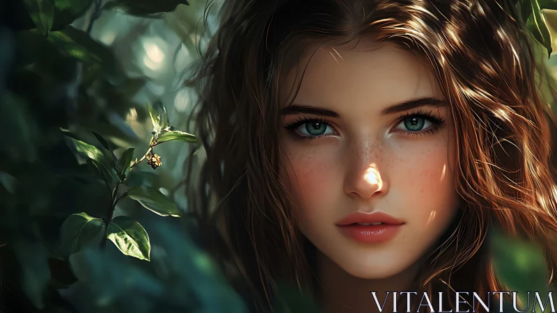 Hyper-detailed portrait of freckled woman framed by foliage bokeh