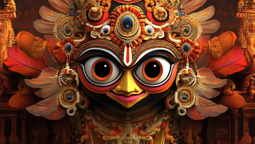 Colourful stylised deity mask with ornate feathered adornment.