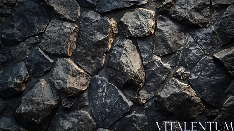 Irregular dark stone wall surface with rough textured blocks.