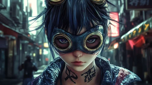 Goggled youth with neck tattoo in dense neon-lit alleyway.