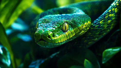 Emerald viper close-up with iridescent scales in dense foliage.