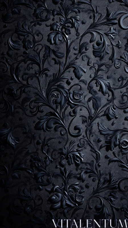 Dark baroque floral relief casts glossy shadows on surface