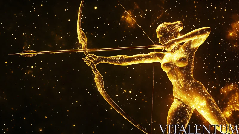 Celestial archer silhouette formed by radiant golden stardust.