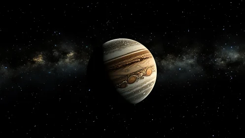 Gas giant planet in deep space with starry backdrop.