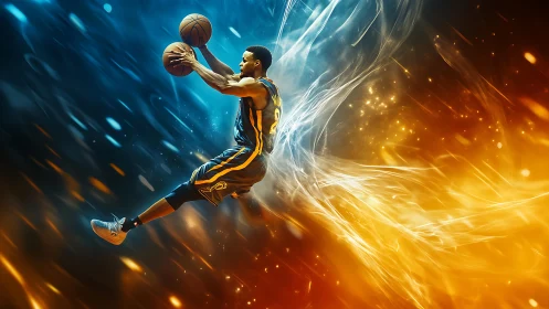 Dynamic basketball player soars through fiery blue energy field.