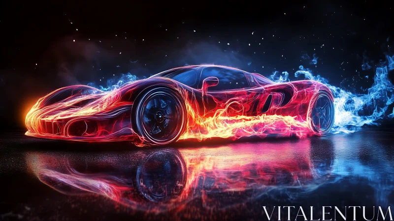 Neon sports car framed by flowing fire and blue smoke.