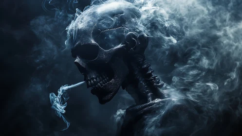Volumetric lit skeletal profile engulfed in swirling cigarette smoke.