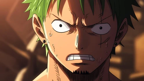 Intense anime close-up of green-haired male fighter sweating hard.
