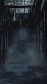 Mist-laden industrial corridor with corroded piping grid.