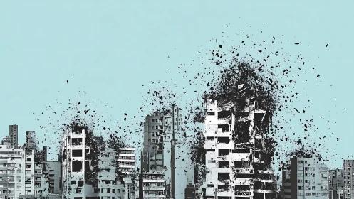 Urban high-rise disintegration rendered as particulate collapse.