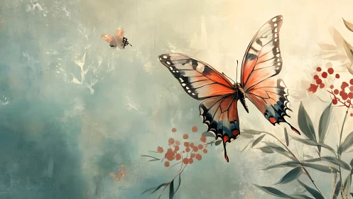 Butterfly wings carve coral light through a misty sky