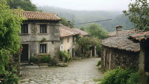 Stone village street with rustic houses in misty landscape.