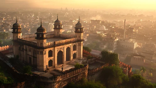Mughal-era hilltop mosque in sunrise atmospheric cityscape