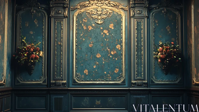 Ornate baroque wall panels with aged teal patina and floral sconces