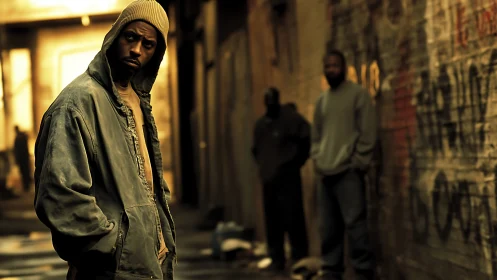 Photorealistic urban portrait with shallow depth of field focus.