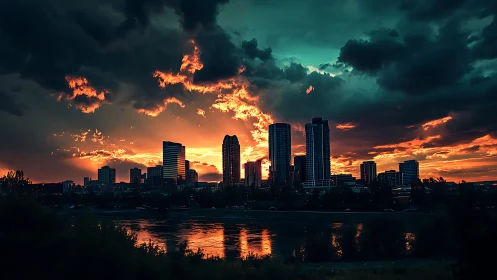 Dramatic city skyline silhouetted against fiery sunset sky.