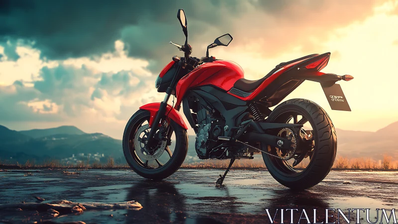 Red sport motorcycle under cinematic stormlight on overlook.