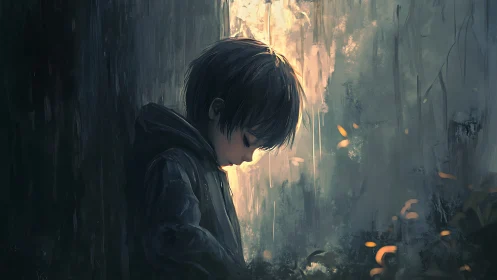 Somber child in forest light amid drifting autumn embers.