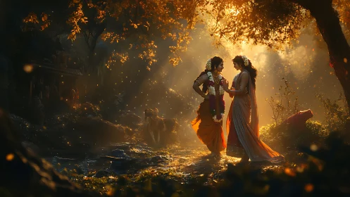 Golden forest lovers sharing a quiet, timeless moment together.