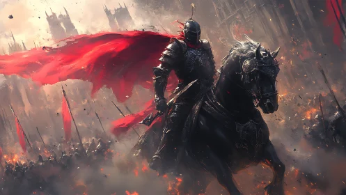 Armored horseman with red cape in burning medieval siege.
