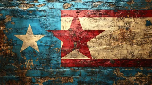 Weathered red and white star emblem on grunge brick wall