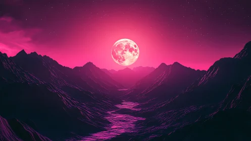 Radiant pink moon rises over glowing neon alien valley