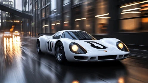 White racing car on wet city street at night in motion.