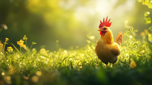 Rooster in meadow with yellow flowers and diffused sunlight.