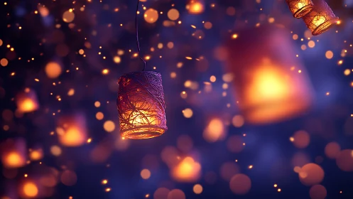 Glowing lanterns drift through a dreamy twilight sky.