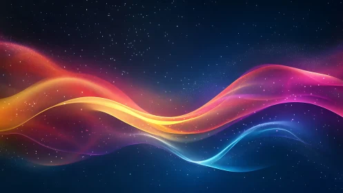 Vibrant nebula light waves flow across deep starfield night.