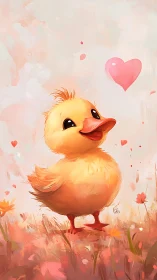 Yellow duckling amid floating hearts and floral background.