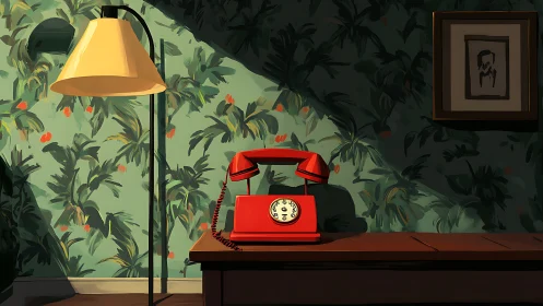 Midcentury red telephone beneath warm floor lamp glow.