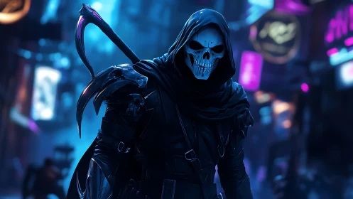 Neon city reaper strolling through glowing midnight streets.