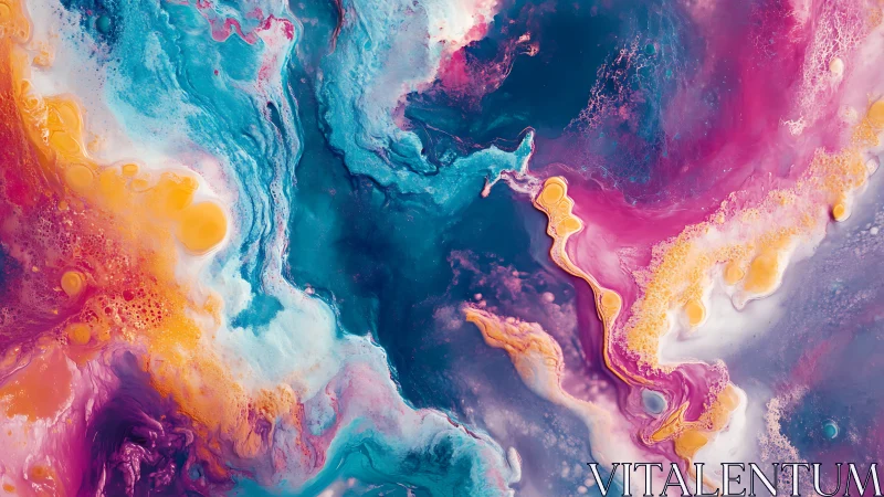 Vibrant fluid abstract with swirling teal, magenta, gold fields.