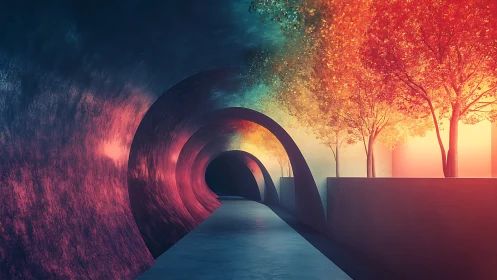 Curved tunnel corridor contrasts neon walls with luminous trees