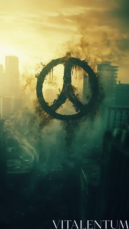 Peace symbol formed from dust over hazy urban skyline.