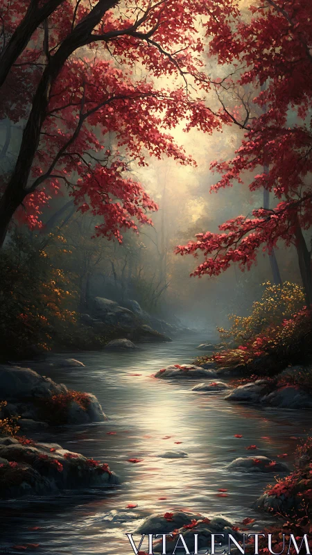 Forest stream flanked by crimson foliage