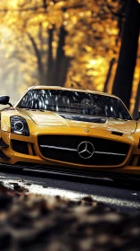 Golden sports car gliding through a glowing autumn forest.