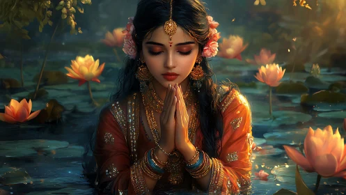 Meditative woman in lotus pond rendered with high dynamic range lighting