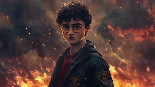 Young figure in dark robe stands before diffuse fire background